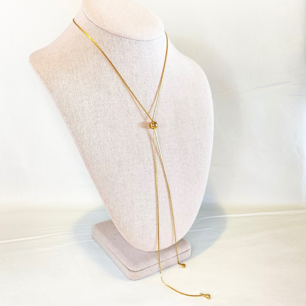 Vintage Gold Tone Slide Lariat Necklace Adjustable Dainty Snake Chain Teardrop - Picture 2 of 8